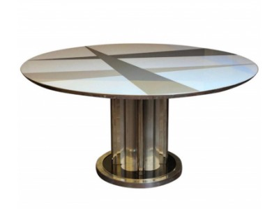 Space Age Round Table, Murano Glass Top and Aluminum, Brass and Wood Pedestal