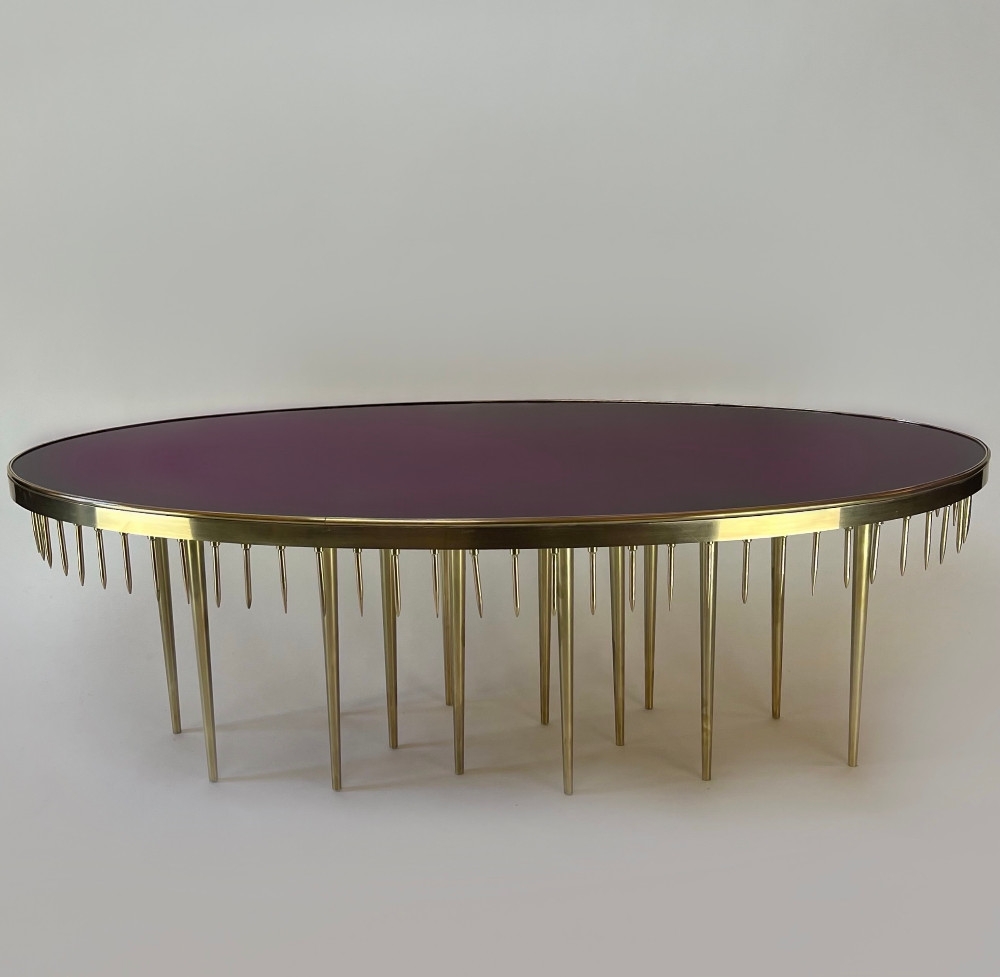Late 20th Century Italian Oval Coffee Table w/ Brown Glass Top & Brass Spears