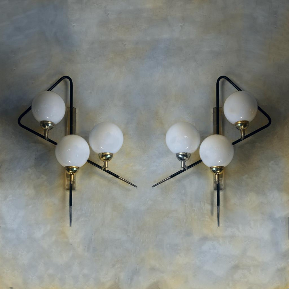 Late20th Century Pair of Italian Black Asymmetrical Sconces w/White Opaline Glass Boules