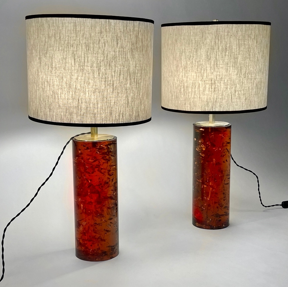 Pair of Italian Reddish Amber Fractal Resin Table Lamps w/Brass Details & Shades