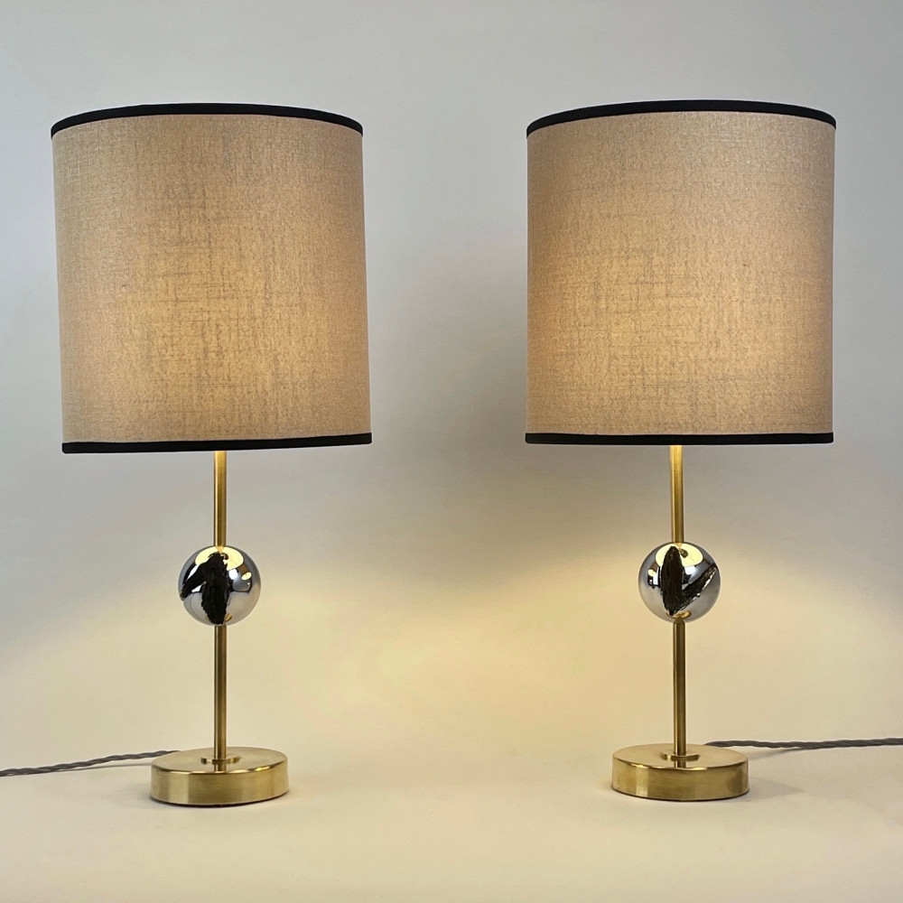 Late20th Century Pair of Italian Sculptural Nickel & Brass Table Lamps w/ Shades