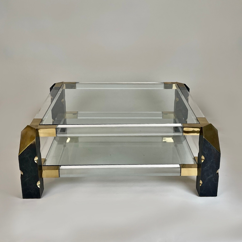 Late 20th Century French Lucite & Brass Squared Coffee Table w/ Double Glass Top