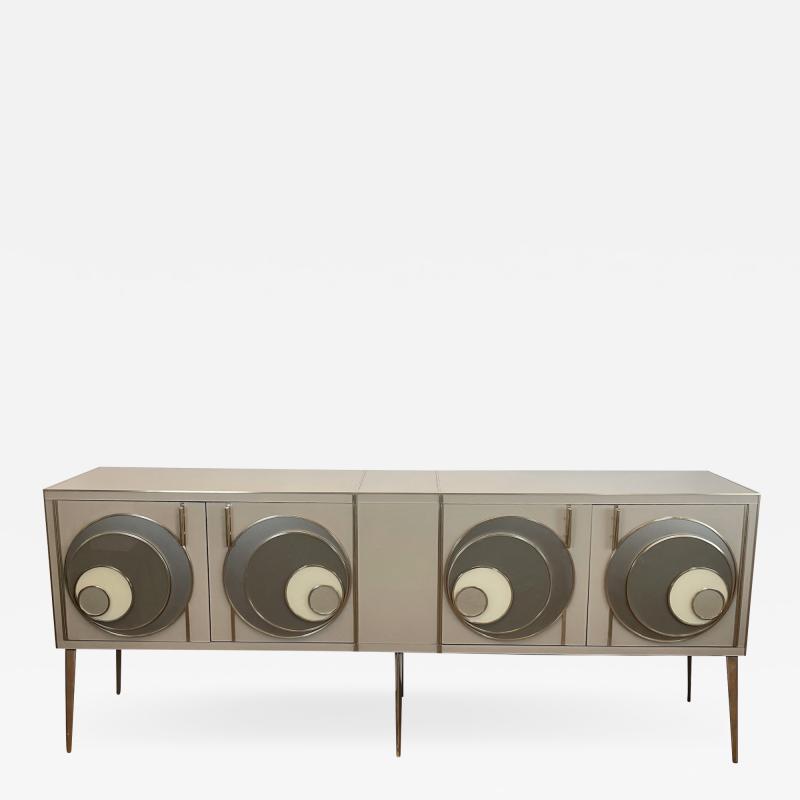 Late20th Century Italian Beige Opaline Glass w/ Glass & Brass Details Sideboard