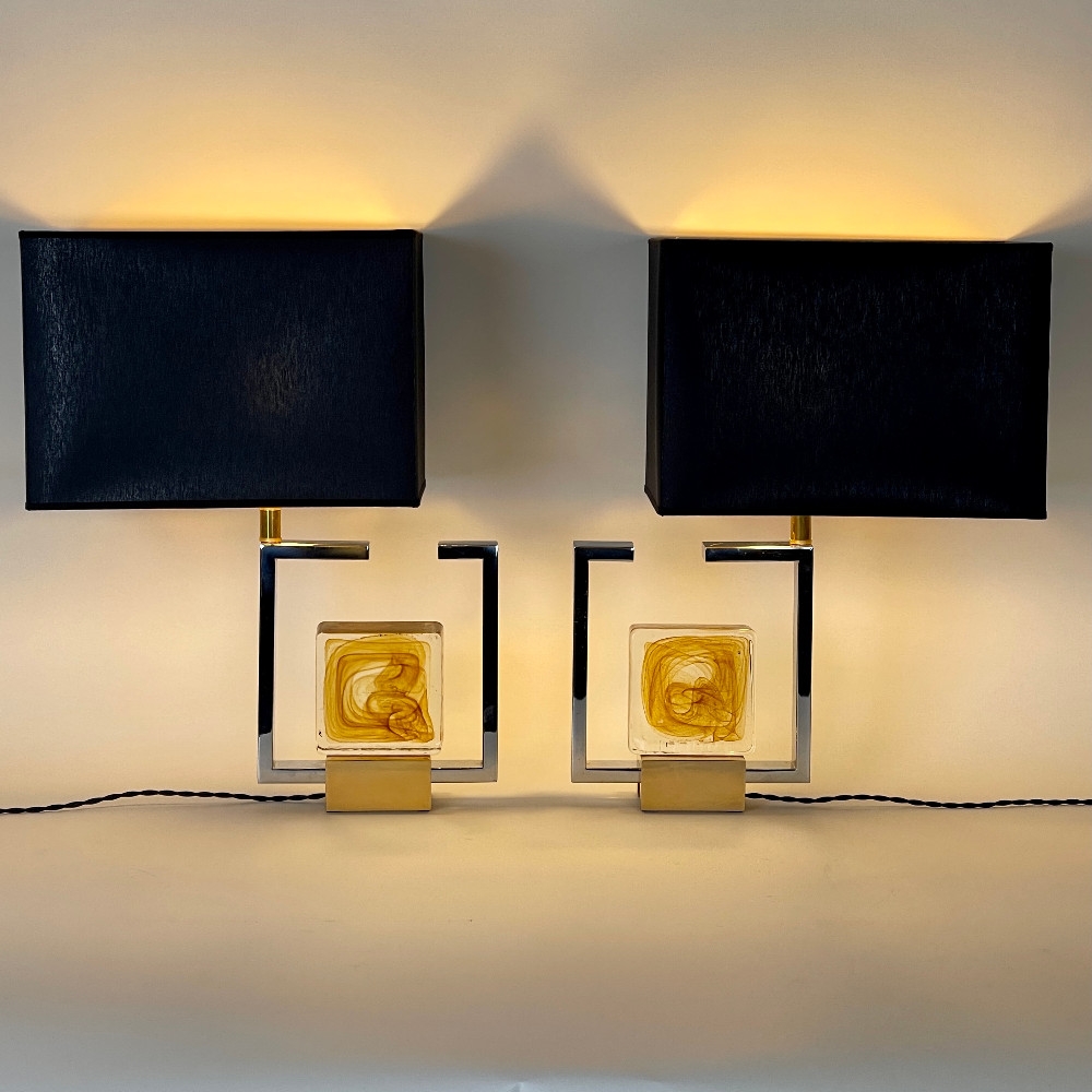 Late 20th Century Pair of Nickel & Brass W/ Yellow Murano Art Glass Table Lamps