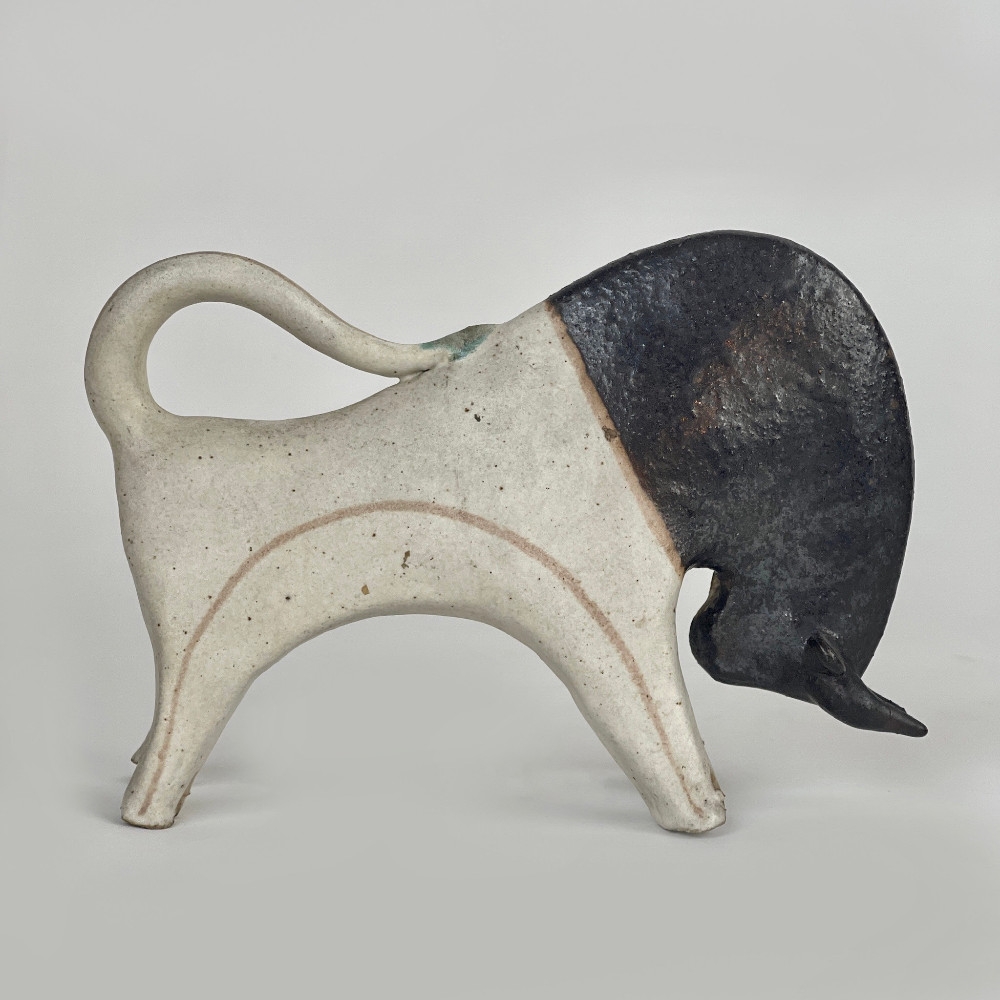 Late 20th Century Matt White & Black Stoneware Bull Sculpture by Bruno Gambone
