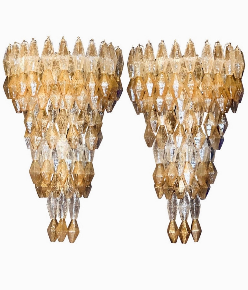 Late 20th Century Pair of Transparent & Amber Murano Glass Polyhedrons Sconces