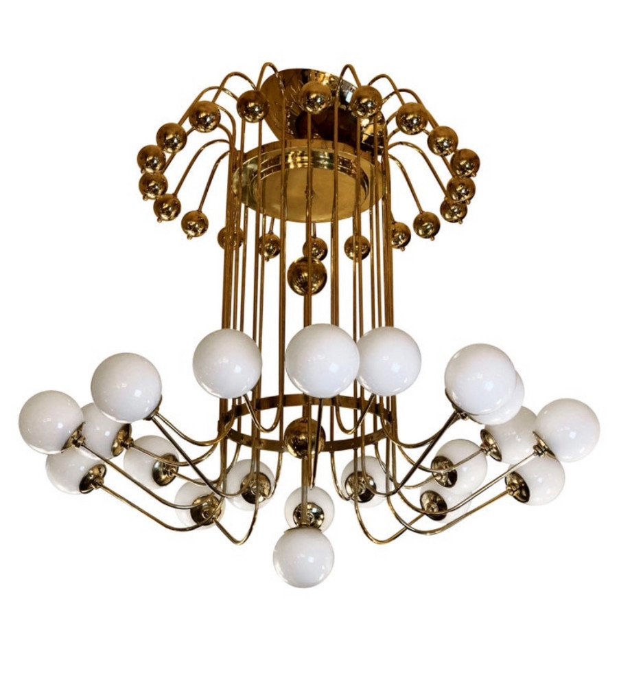 Late 20th Century Italian Bistrot Brass Chandelier w/ White Opaline Glass Globes