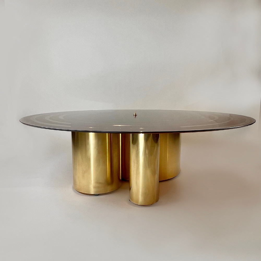 Late 20th Century Round Red Retro Painted Glass w/ Brass Basement Coffe Table
