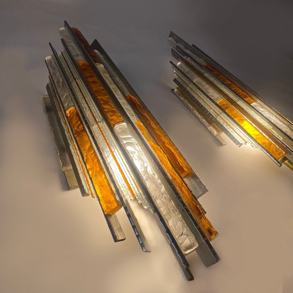 Late 20th Century Pair of Brutalist Iron & Glass Sconces by A. Poli for Poliarte