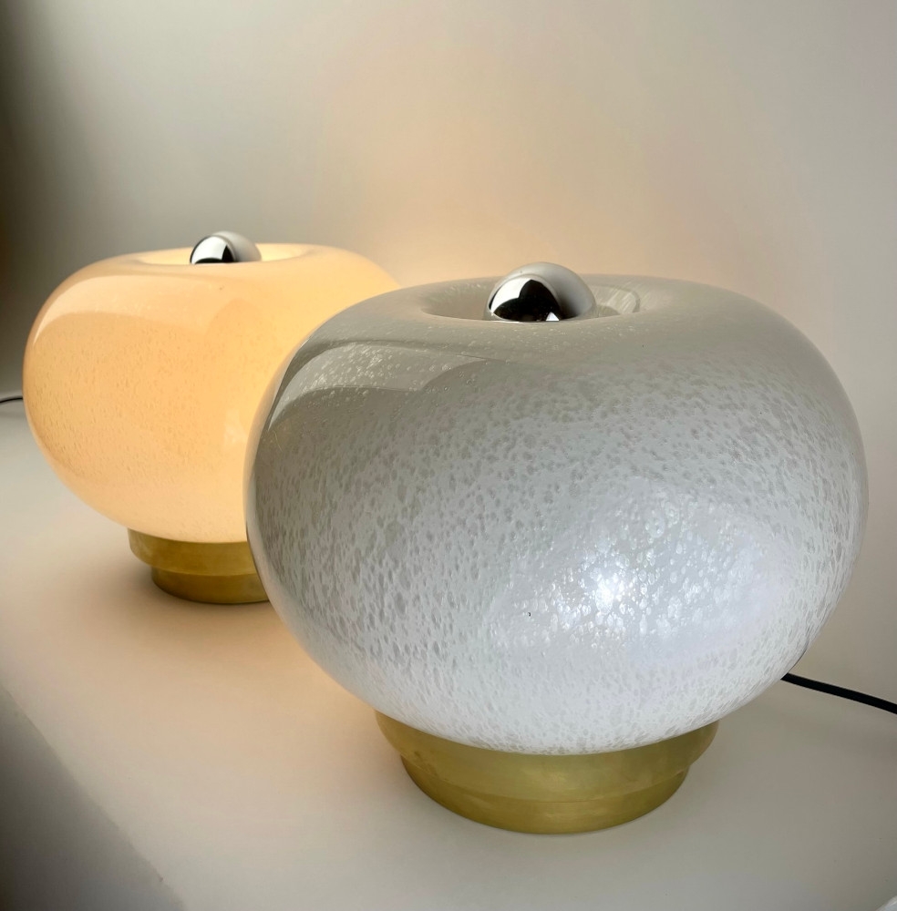 Late 20th Century Pair of Round White Murano Art Glass & Brass Table Lamps