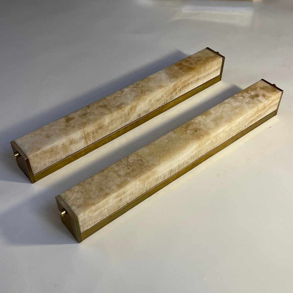 Contemporary Pair of Italian Alabaster & Brass Long Squared Sconces