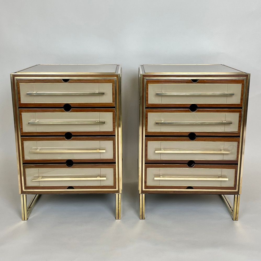 Mid-Century Modern Pair of Wood, Brass & Beige Opaline Glass Night Stands