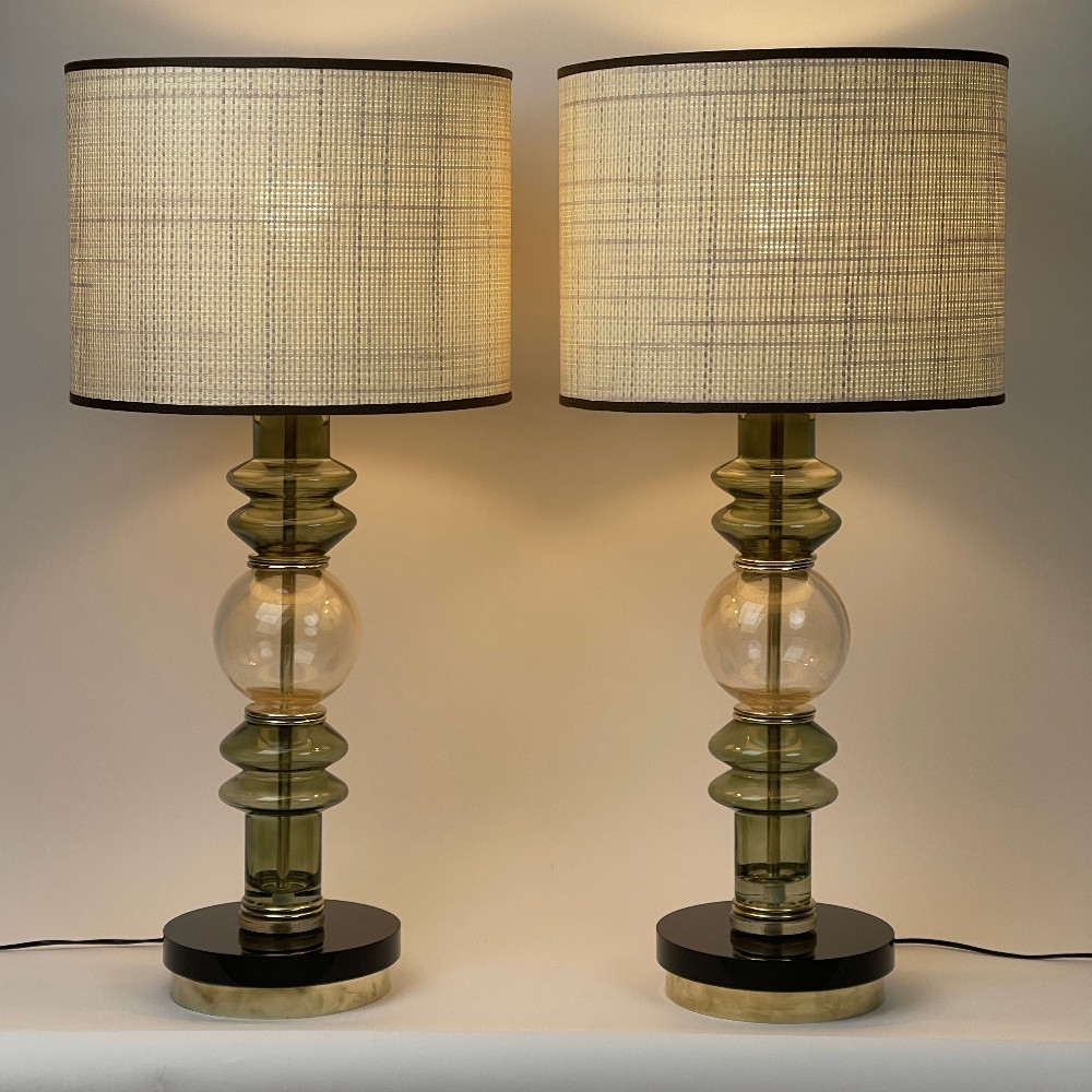 Late 20th Century Pair of Brass & Green/Gold Murano Art Glass Table Lamps