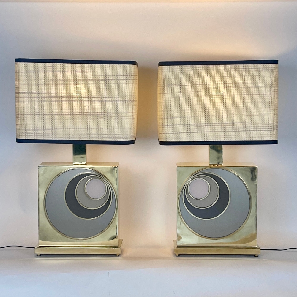 Late 20th Century Italian Pair of Brass & Multicolored Opaline Glass Table Lamps