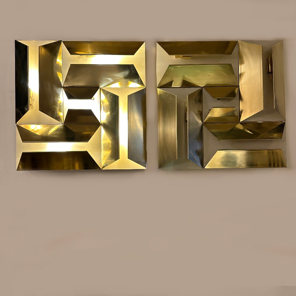 Late 20th Century Pair of Italian Sculptural Pleated Brass Sconces