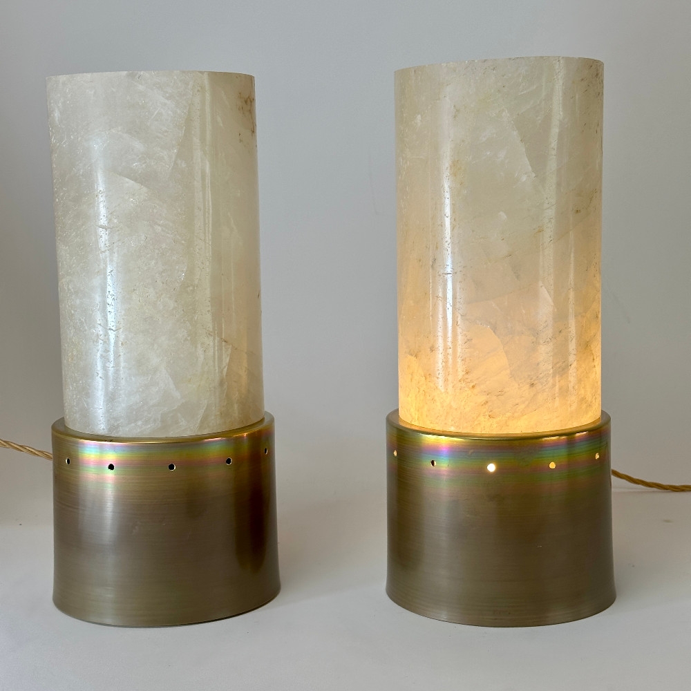 Late 20th Century Pair of Round Brass & White Rock Crystal Stone Table Lamps