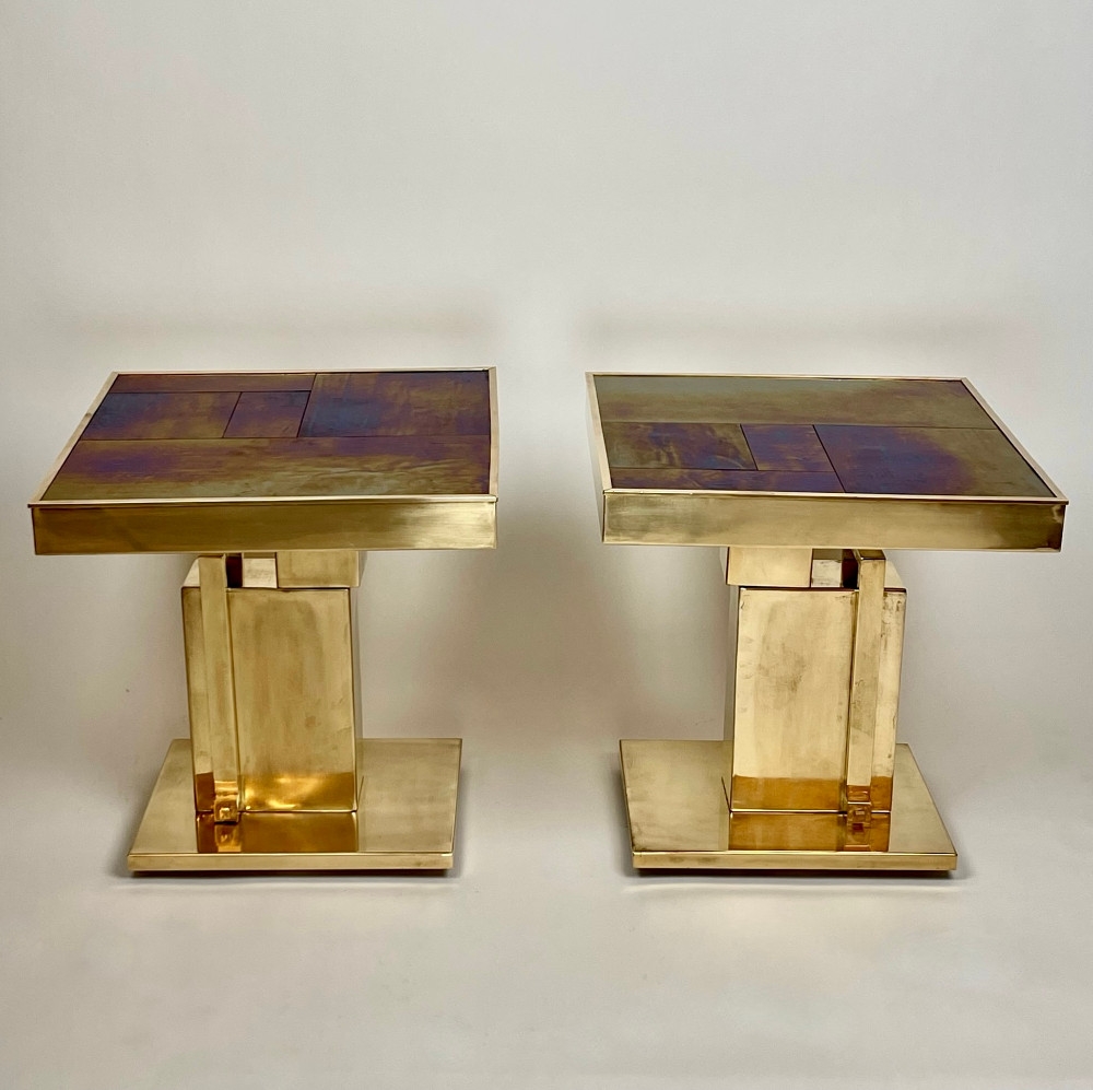 Late20th Century Pair of Brass & Blue W/Gold Shades Murano Art Glass Side Tables