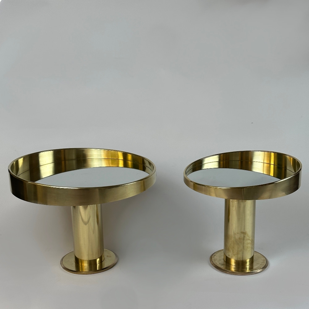 Late 20th Century Italian Pair of Round Brass & Silver Mirror Side Tables