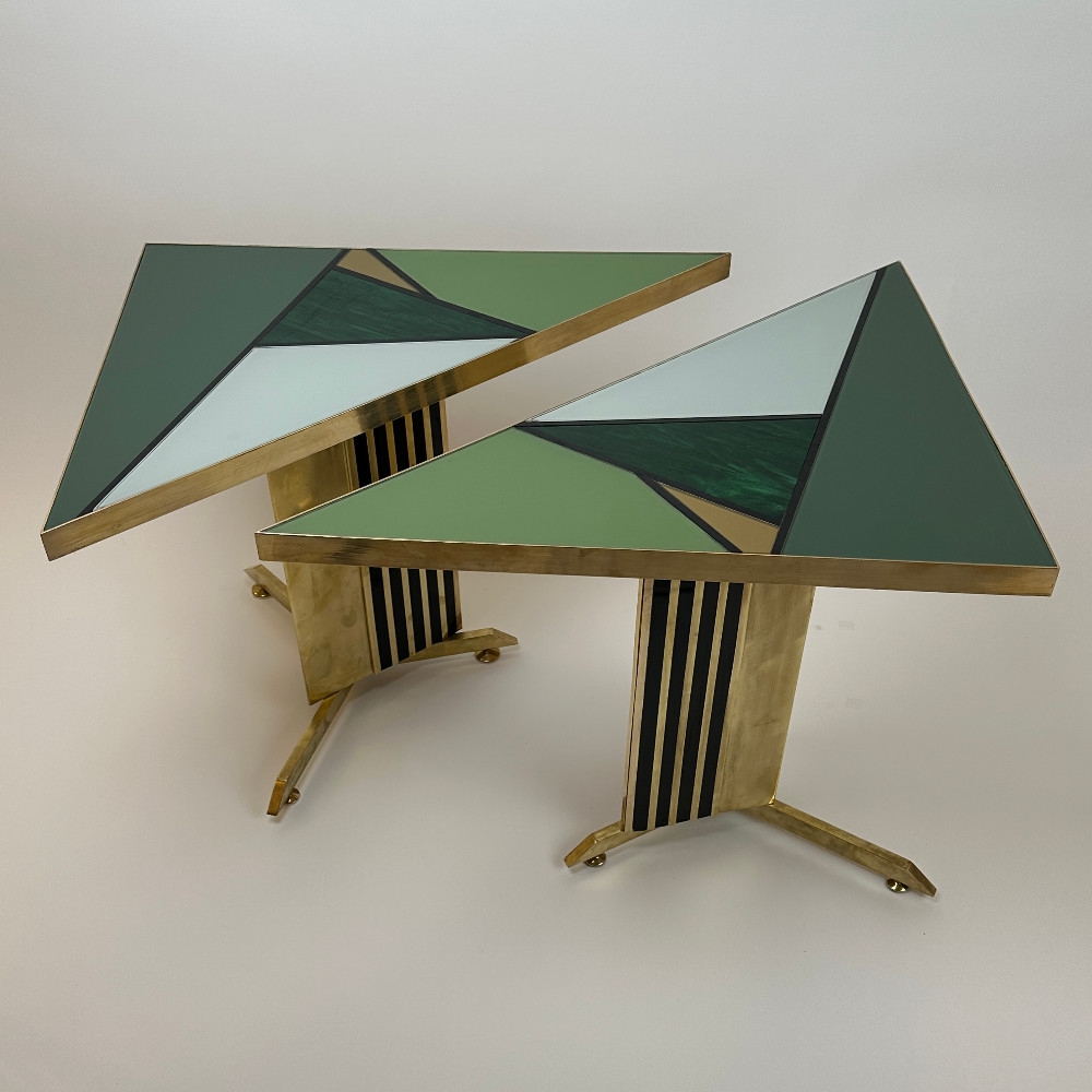 Lates 20th Century Pair of Triangular Brass & Green Art Glass Mosaic Side Tables