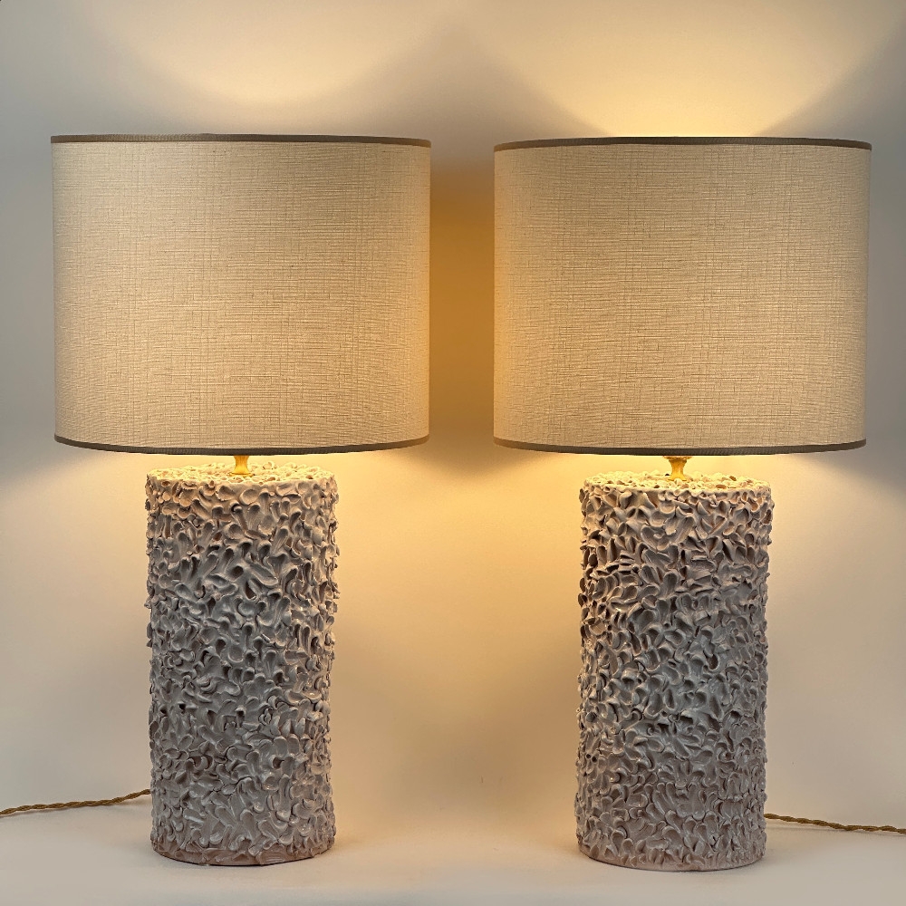Late 20th Century Pair of Italian White Ceramic Sculptural Table Lamps w/ Shades