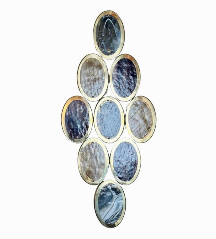 Late 20th Century Pair of Brass & Oval Multicolored Murano Art Glass Sconces