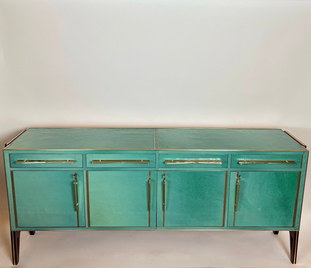 Mid-Century Modern Green Textured Murano Art Glass w/ Palisander Wood & Brass Credenza