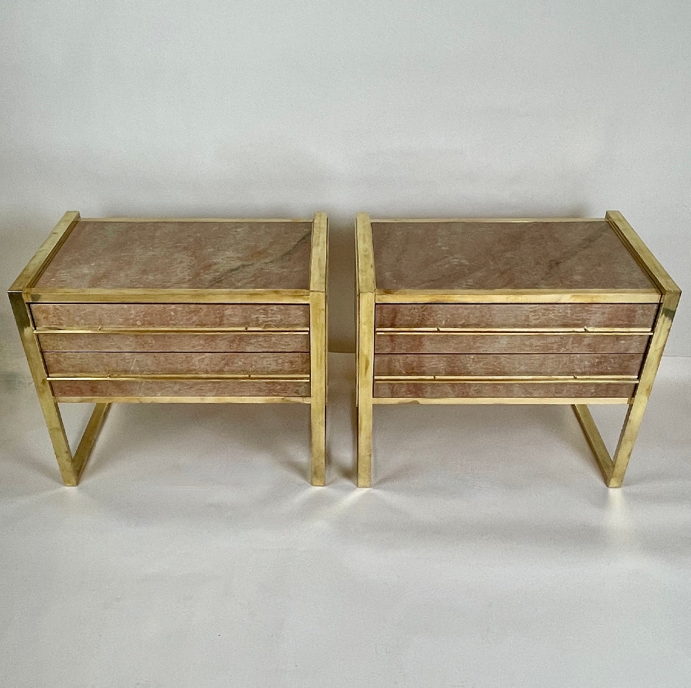 Late 20th Century Pair of Wood - Brass & Red Murano Art Glass Chest of Drawers