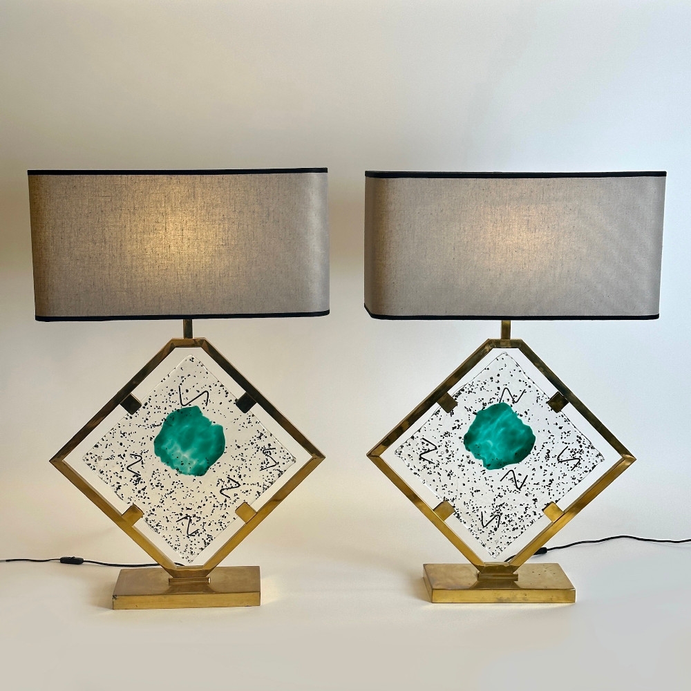 Late 20th Century Pair of Transparent/Green Murano Art Glass & Brass Table Lamps