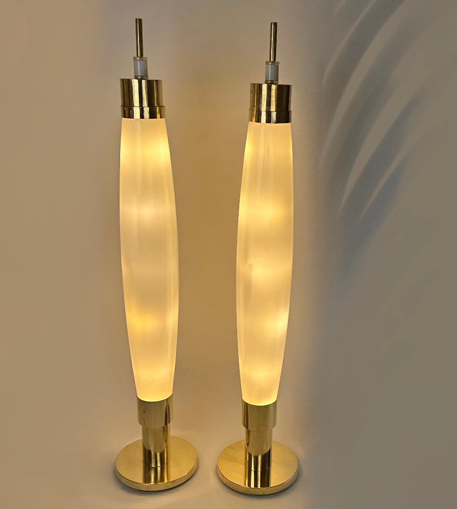 Late 20th Century Pair of Brass & White Murano Hand Blown Glass Floor Lamps