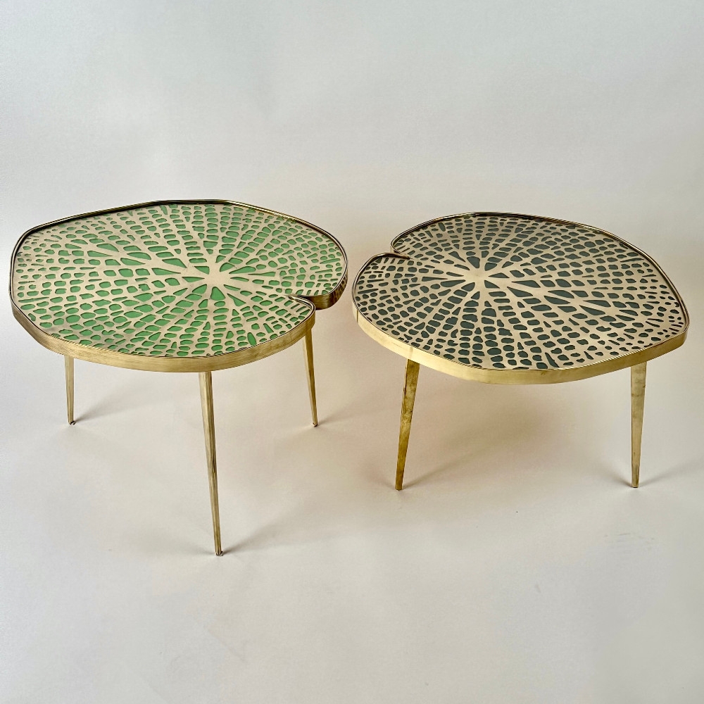 Late 20th Century Pair of Brass & Transparent Glass Water Lilies Side Tables