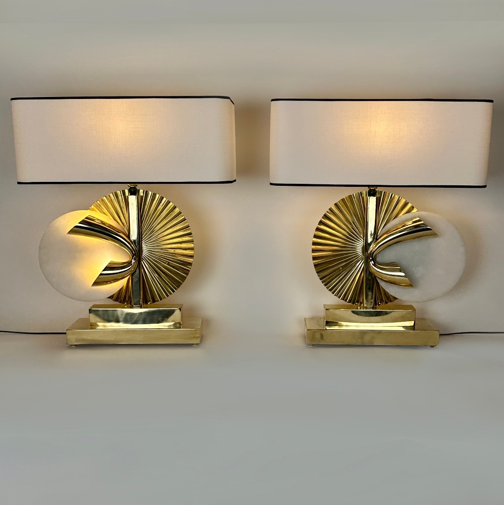 Late 20th Century Pair of Pleated Brass & White Alabaster Table Lamps w/ Shades