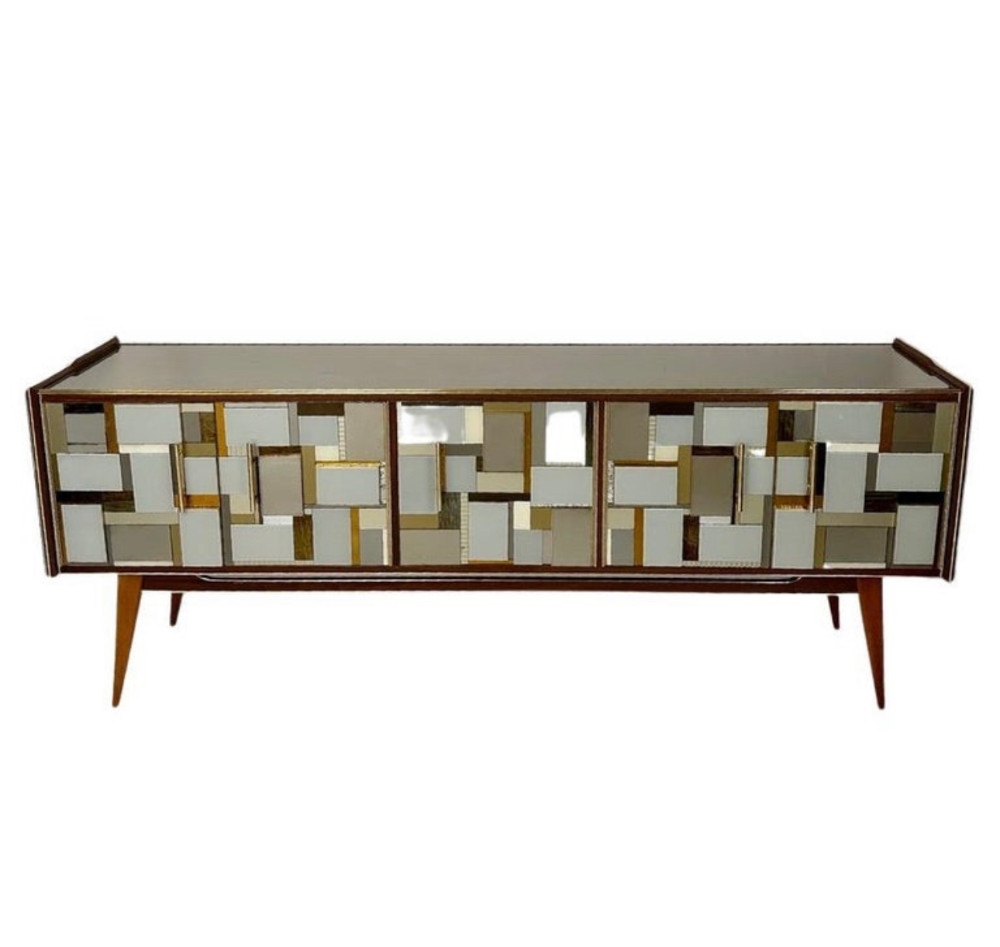 Mid-Century Modern Beech Wood, Brass, Copper Mirrors & Murano Art Glass Credenza