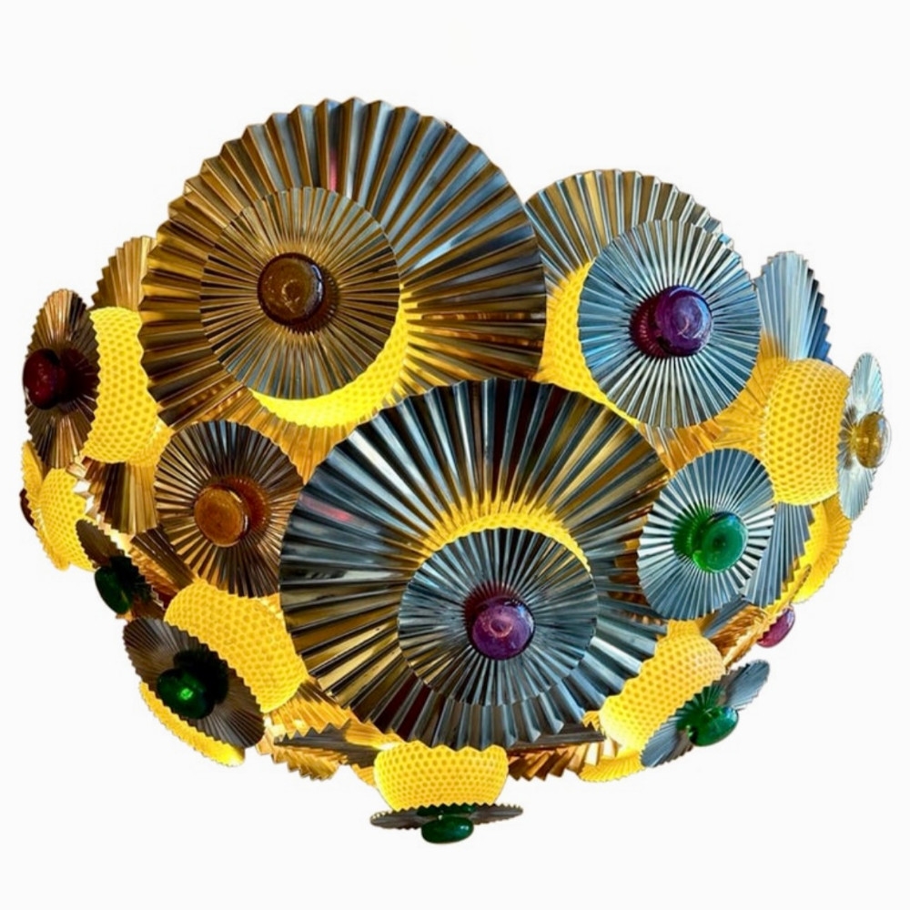 Late 20th Century Italian Pleated Brass Chandelier w/ Pulegoso Murano Glass Dots