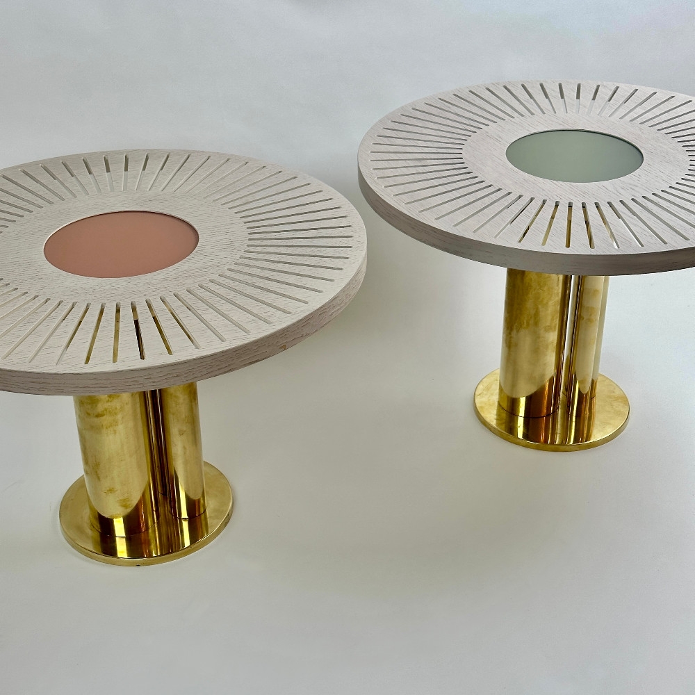 Late 20th Century Pair of Round Ash Wood w/ Opaline Glass & Brass Side Tables