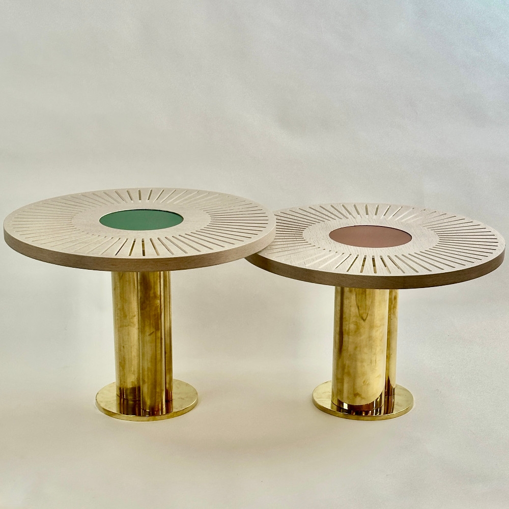 Late 20th Century Pair of Round Ash Wood w/ Opaline Glass & Brass Coffee Tables