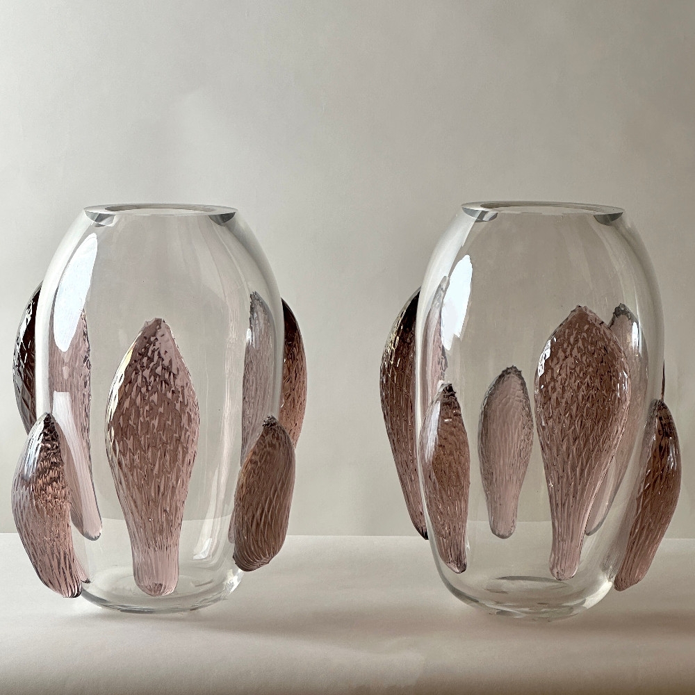 Late 20th Century Pair of Transparent w/Pink Murano Art Glass Applications Vases