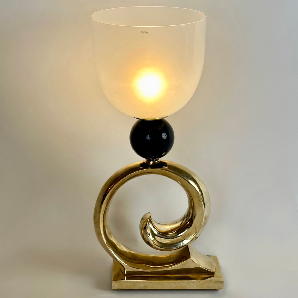 Late20th Century Brass, Black Ceramic & White Murano Glass Table Lamp by Vistosi