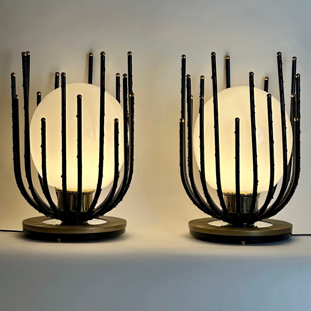Late20th Century Pair of Black Iron, Brass & Opaline Glass Brutalist Table Lamps
