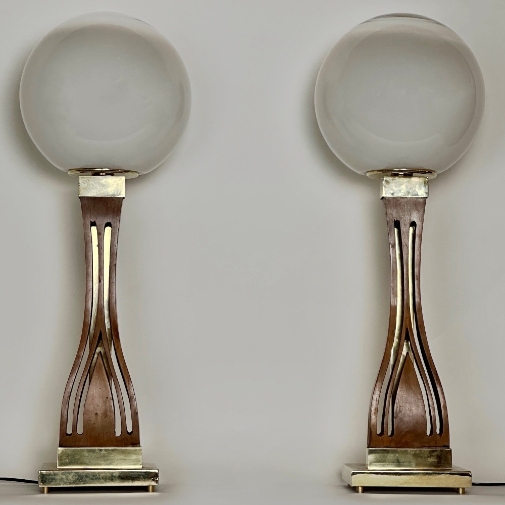 Late 20th Century Pair of Walnut, Brass & Faded Blown Murano Glass Table Lamps