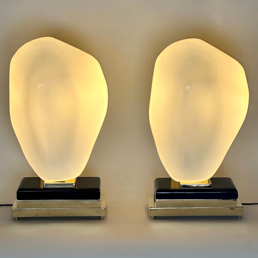 Late 20th Century Pair of Black Iron, Brass & White Murano Glass Table Lamps