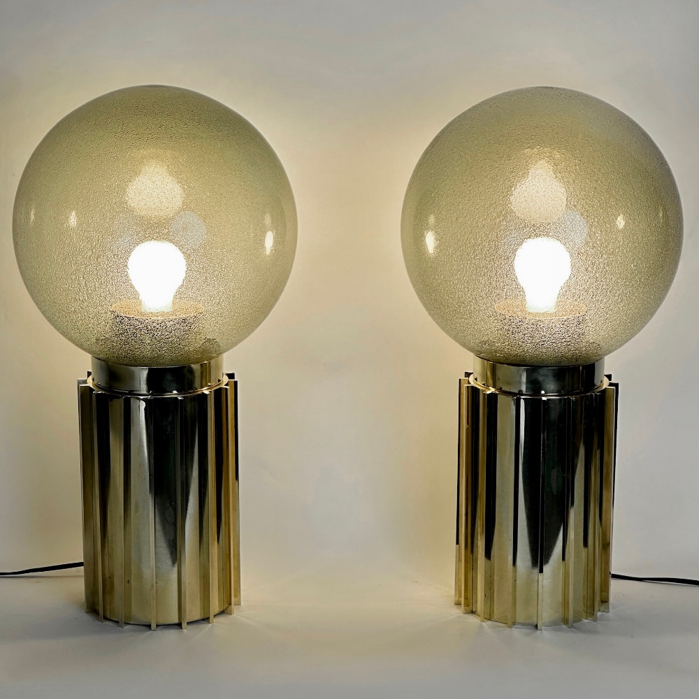Late 20th Century Pair of Brass & Smoked Pulegoso Murano Art Glass Table Lamps