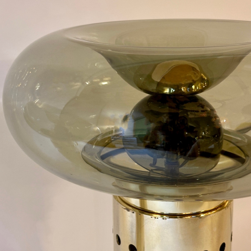 Late 20th Century Pair of Brass & Smoked Grey Blown Murano Art Glass Table Lamps
