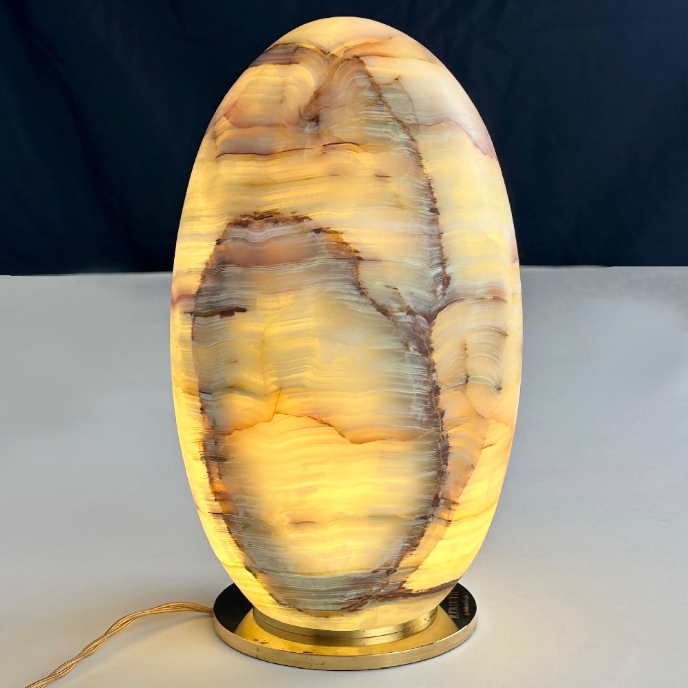 Contemporary Italian Egg-Shaped Green Alabaster and Brass Table Lamp