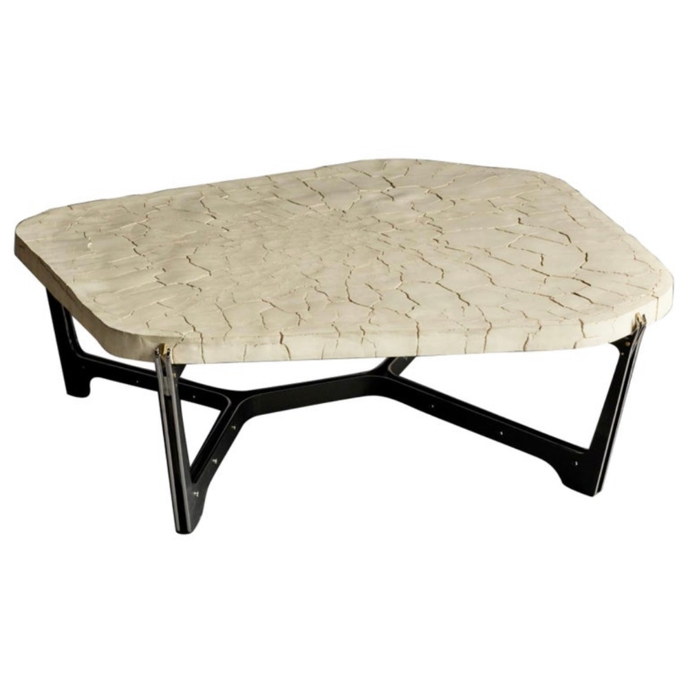 Pentagonal White Concrete w/Black Steel & Brass Details Coffee Table by Atelier EB