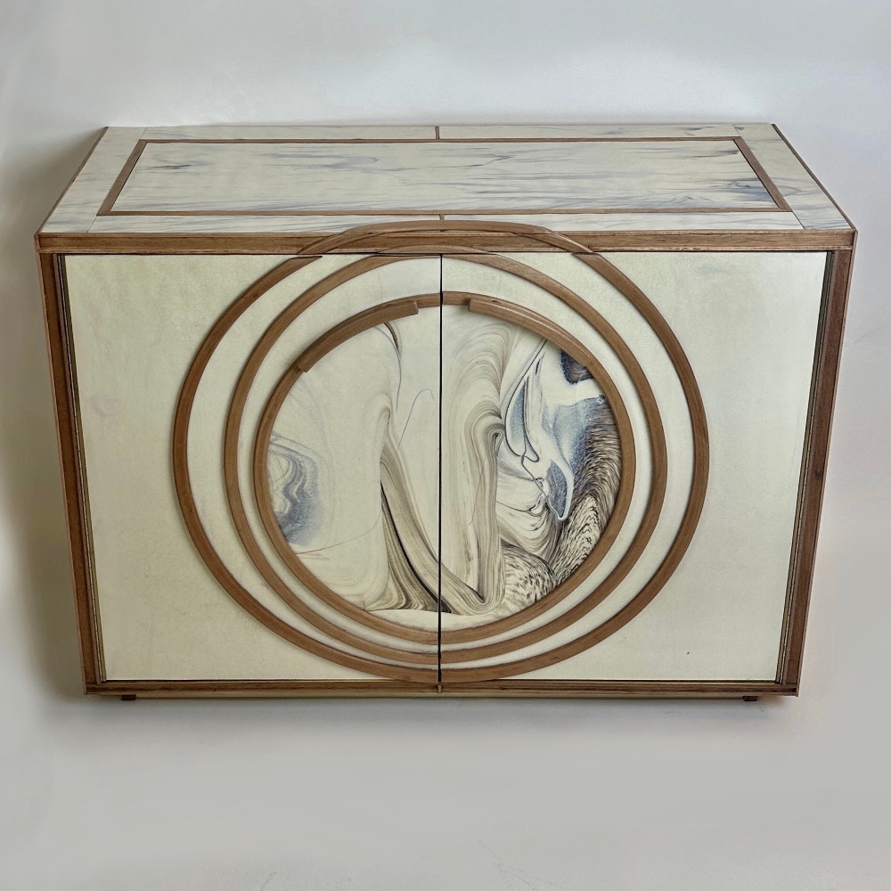 Late 20th Century Pair of White Murano Art Glass, Wood w/ Brass Details Cabinets