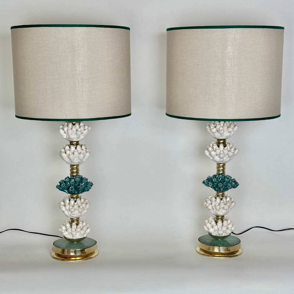 Late 20th Century Pair of Italian Brass w/ Green & White Ceramic Table Lamps