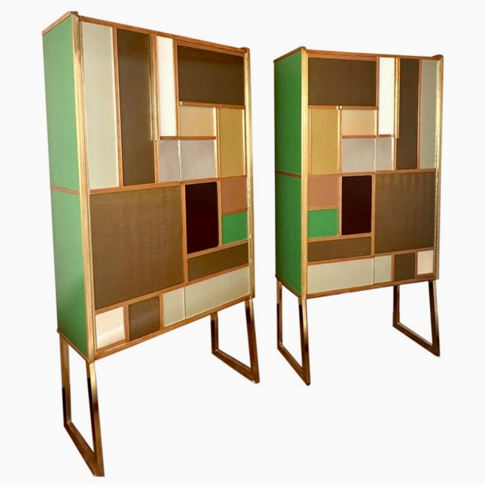Late 20th Century Pair of Italian Wood, Brass, Mirror & Opaline Glass Cabinets