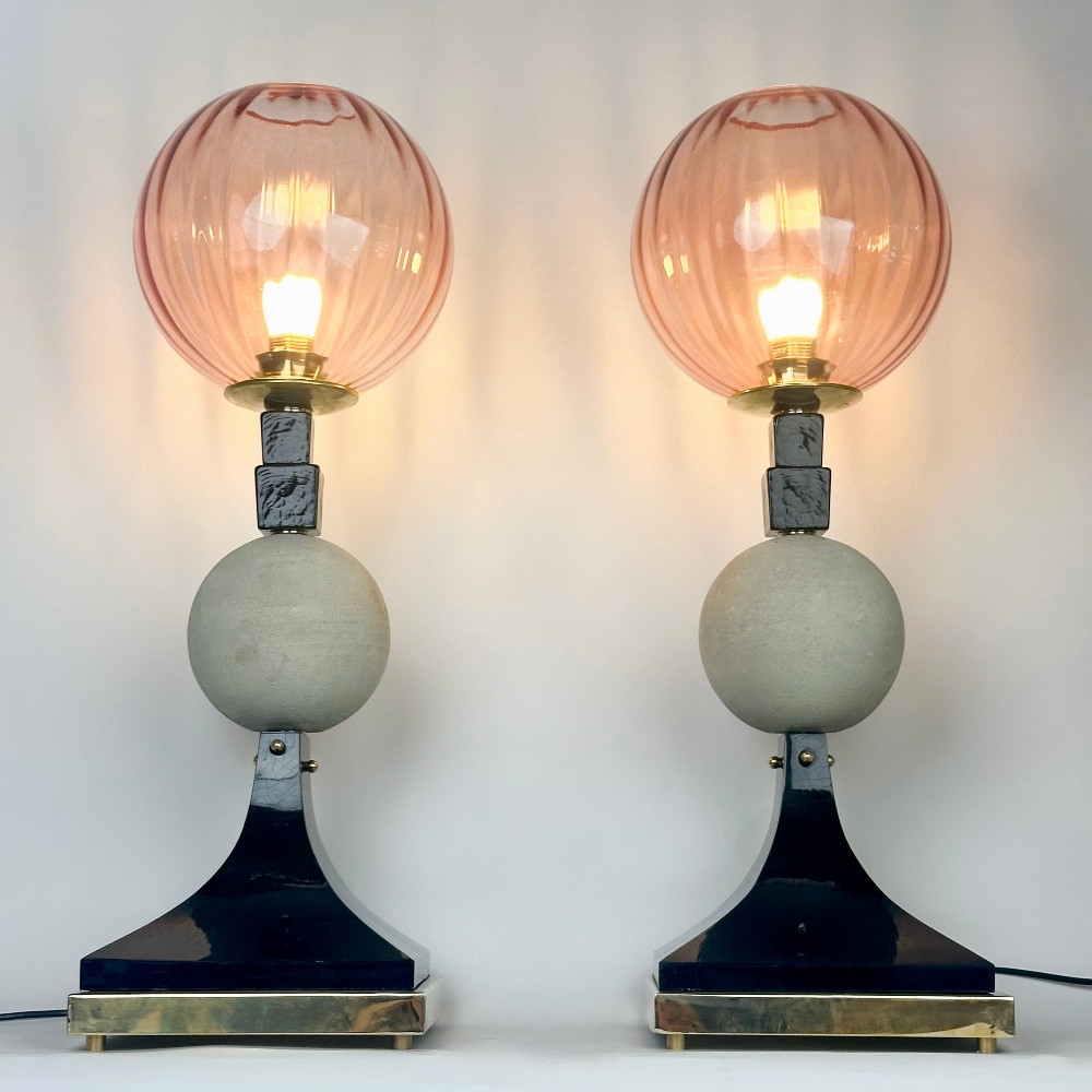 Pair of Brass, Wood, Pumice Stone w/ Pink Murano Art Glass Diffusers Table Lamps