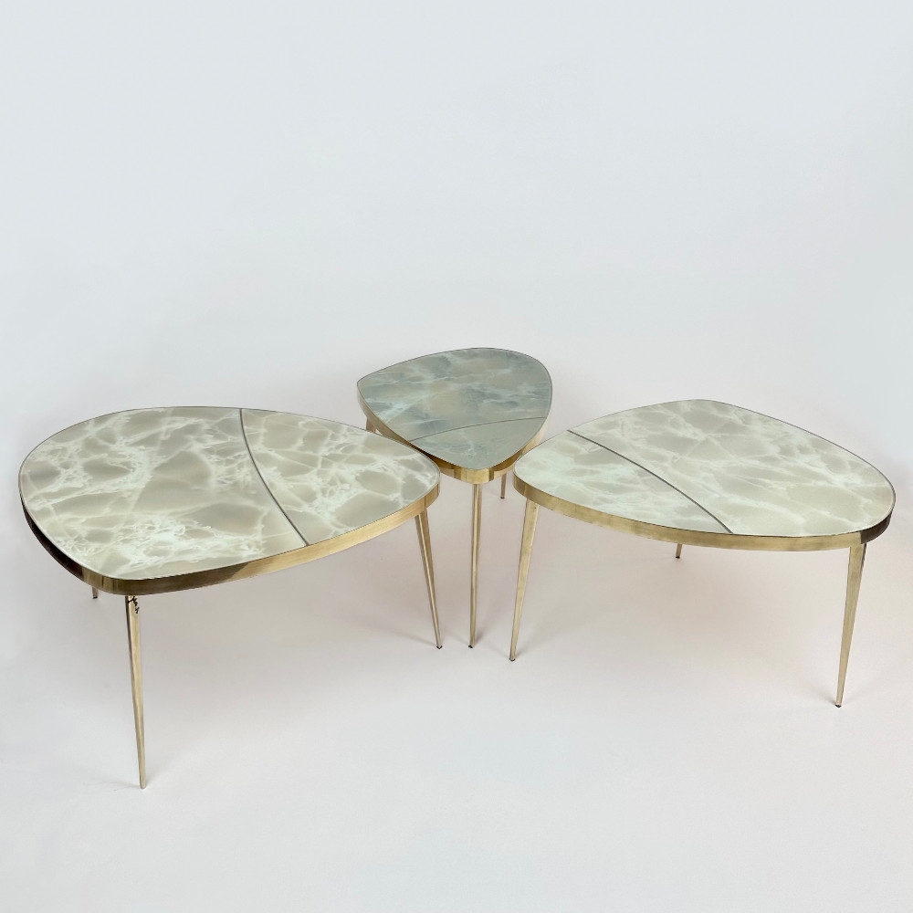 Mid-Century Modern Brass & Green Murano Art Glass Set of Three Coffee Tables