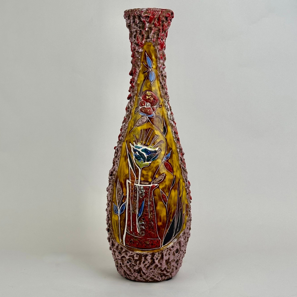 1960's Glazed Multicolored Ceramic Vase w/ Graffiti Floral Composition by Melior